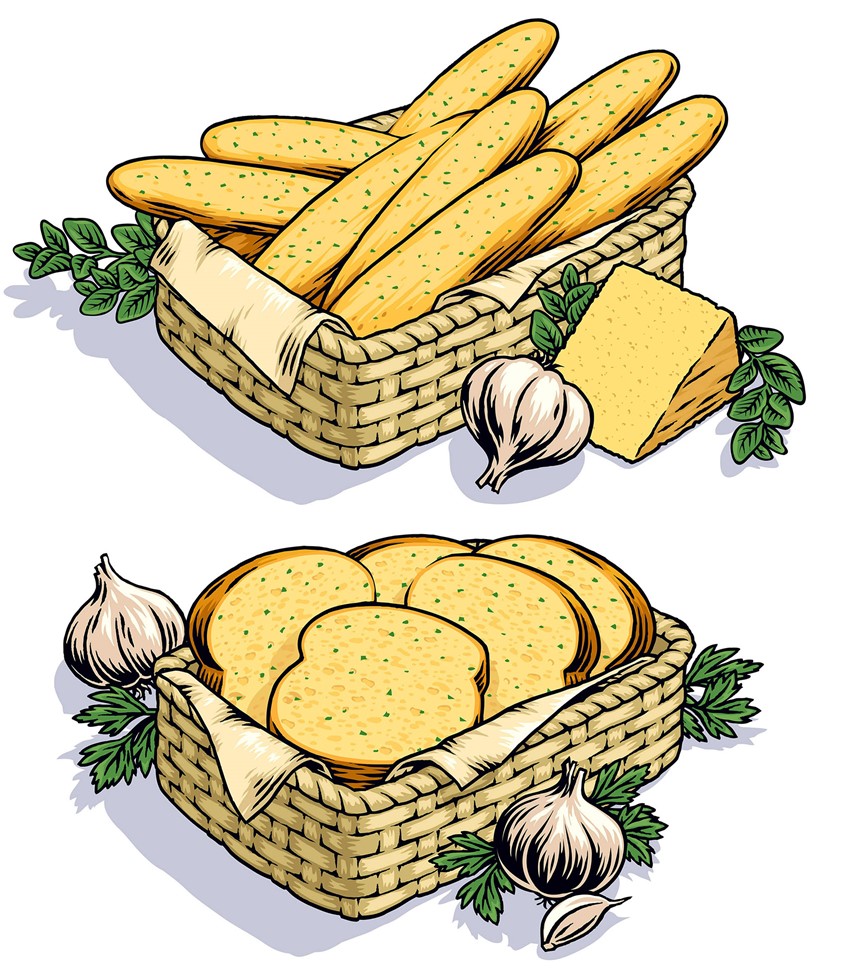 illustration of food packaging, breads, garlic, graphic food, colour woodcut, bread basket, cheese, packaging illustration, herbs, breadsticks, garlic bread
