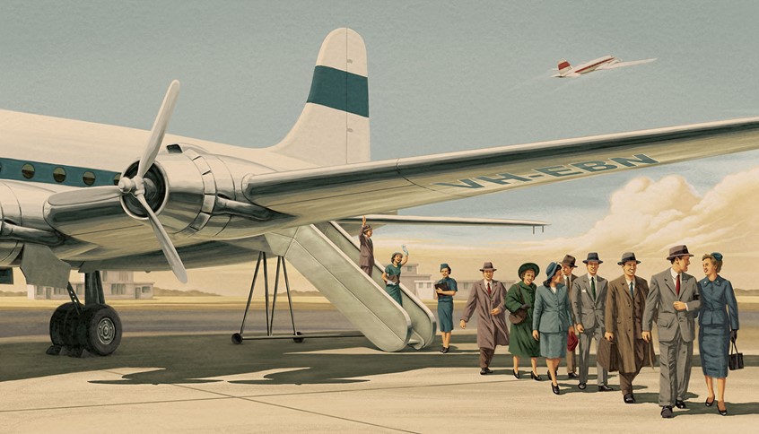 illustration of airport, retro travel, airplane, airline, nostalgia, fifties, forties, figurative, aeroplane, pastiche, retro art, airline hostess, painterly style, flight, plane