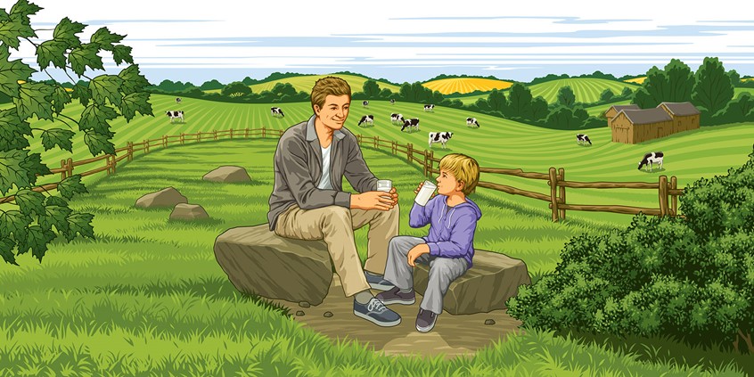 illustration of figurative vector illustrations, family scene, child, kids, dad, vector scenes, vector art, fields, rolling landscapes, flat colour, graphic landscape, drinking milk