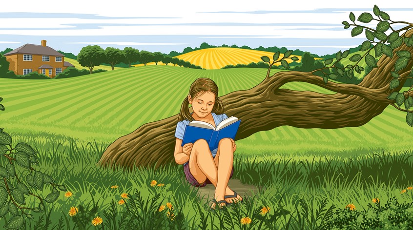 illustration of flat design vector figures, child, kids, vector scene, vector art, vector food packaging, books, tree, fields, rolling landscape, orchard, charming, flat-colour, solitude