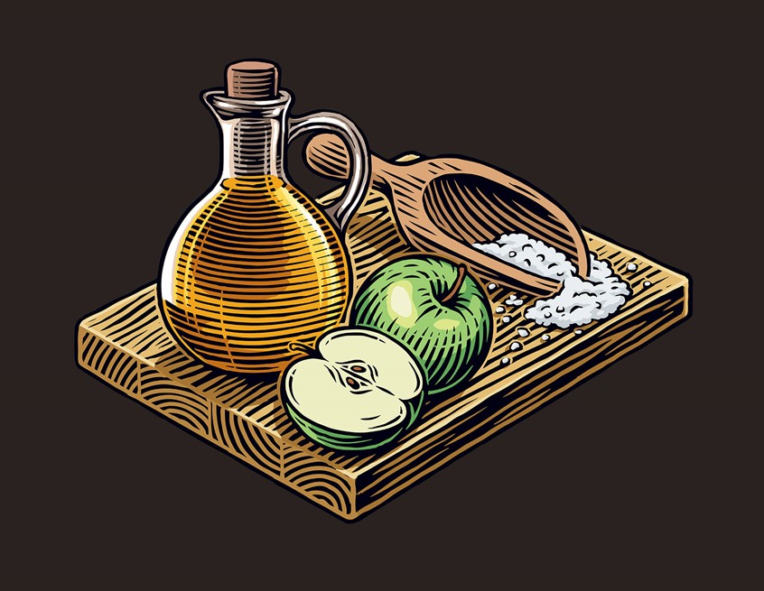 illustration of potato chip packaging, scratchboard food, apple, vinegar bottle, salt, wooden chopping board, traditional, package design scratchboard