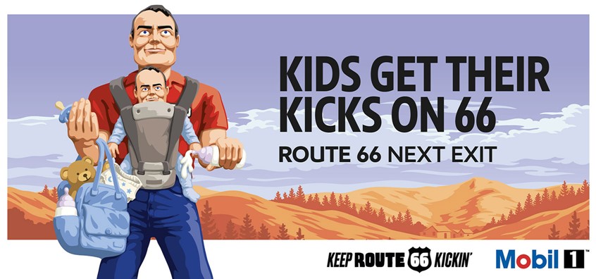 illustration of route 66, figurative, baby, man, retro, travel poster, father, retro travel, vintage poster, fatherhood, teddy, diaper, flat design, road trip