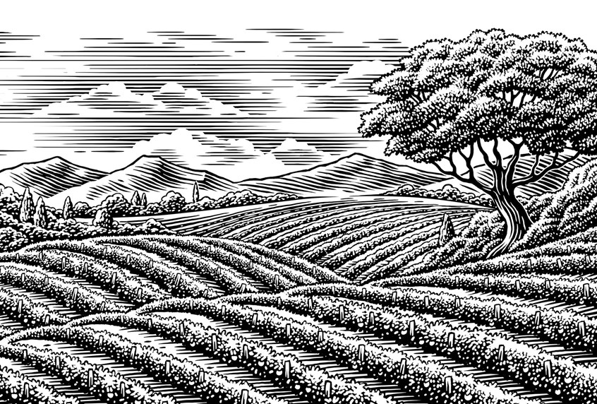 illustration of scratchboard scene, wine label, food packaging illustration, fields, countryside, tree, scraperboard, engraving landscape, hills, plantation, retro, vintage, traditional