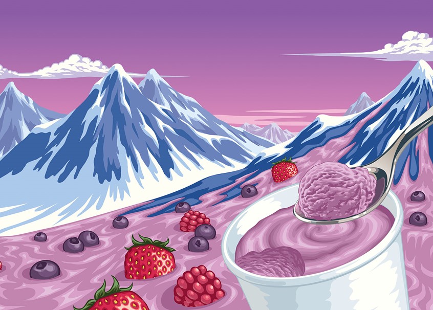 illustration of mountains, ice cream, fruit, packaging, raspberry, strawberry, blueberry, snowy mountains, fruit icons, teaspoon, vector food, flat colour landscape