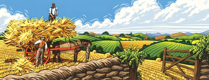 illustration of horse and cart, color woodcut, traditional landscape, wheat, vintage, farm, fields, vector landscape, forties, thirties, vector scene, stone wall, farm workers, pastiche