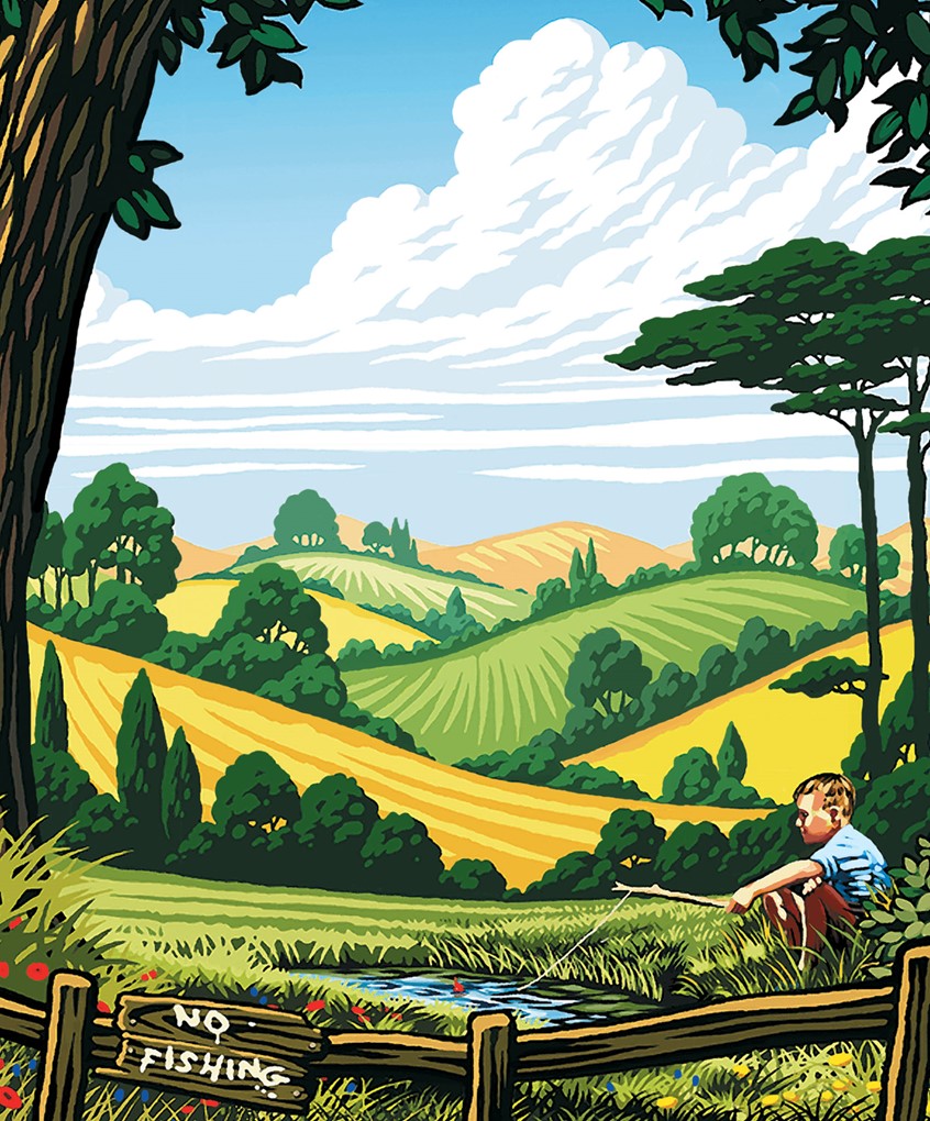 illustration of fishing, travel posters, retro, flat design, childhood, boy, child, vintage travel, skies, graphic, flat colour landscape, trees, stream, creek, sunny fields, england