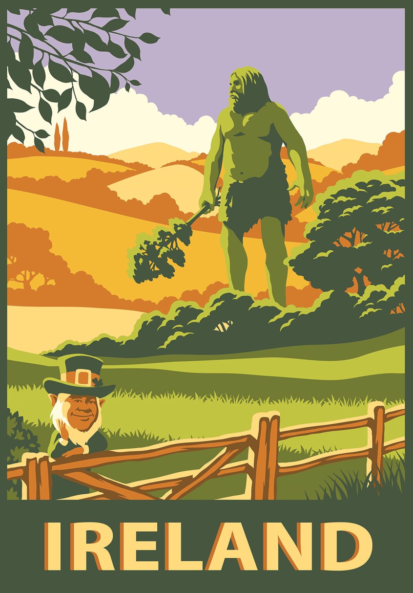 illustration of tourism, retro, myth, vector travel, Irish, giant, myths, leprechaun, green fields, vector poster, flat design, fence, hills, vector trees, fairy tale