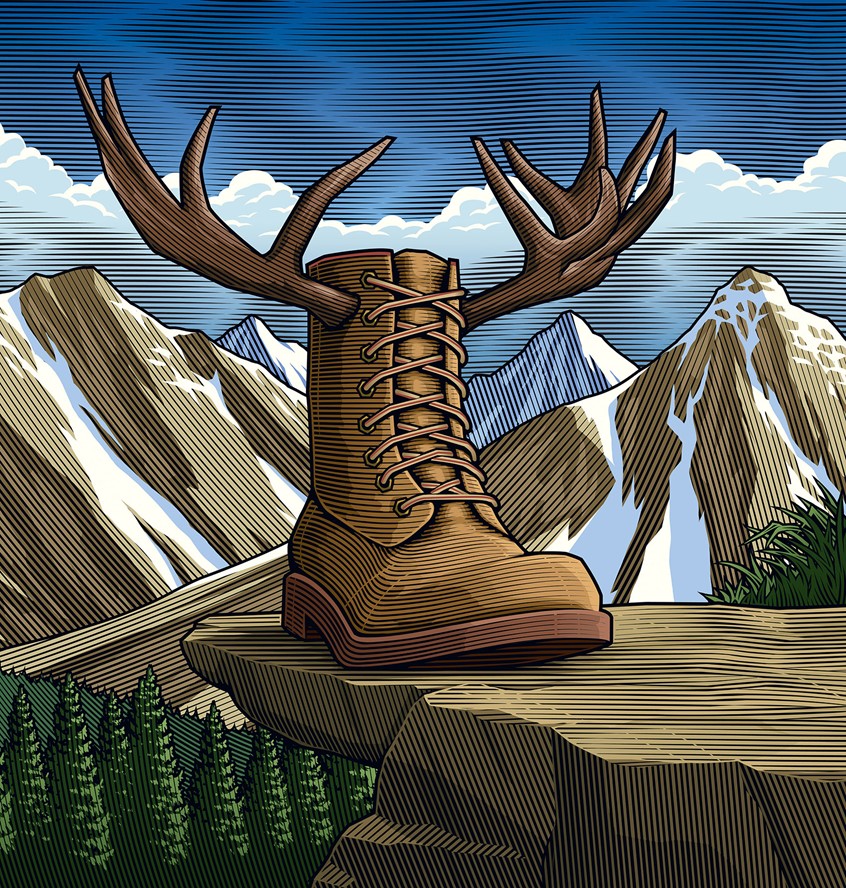 illustration of walking boot, scratchboard landscape, mountains, boots, wilderness, colour woodcut, rockies, colour scraperboard, outdoors, adventure, Canada