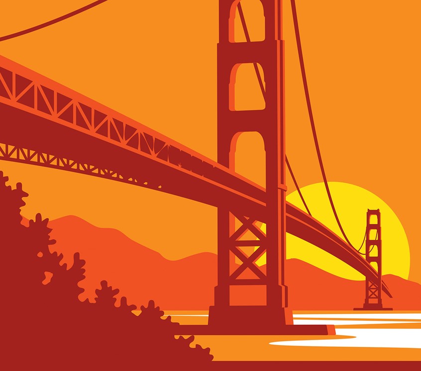 illustration of travel poster, san francisco, sunset, travel art, flat design, bridges, flat colour, California, retro, packaging label, orange, colourful, graphic landscape, seascape