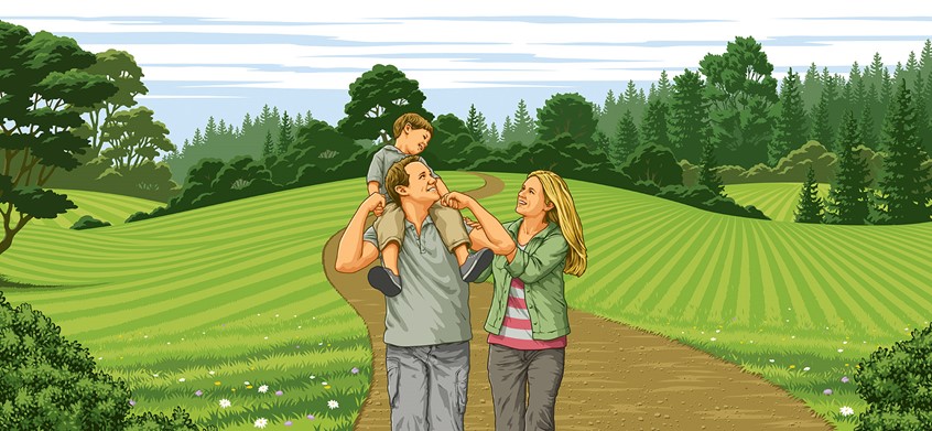 illustration of family, park, parents, flat design people, child on shoulders, kids, vector landscape, food packaging, trees, fields, charming scene, graphic landscape, forest, grass