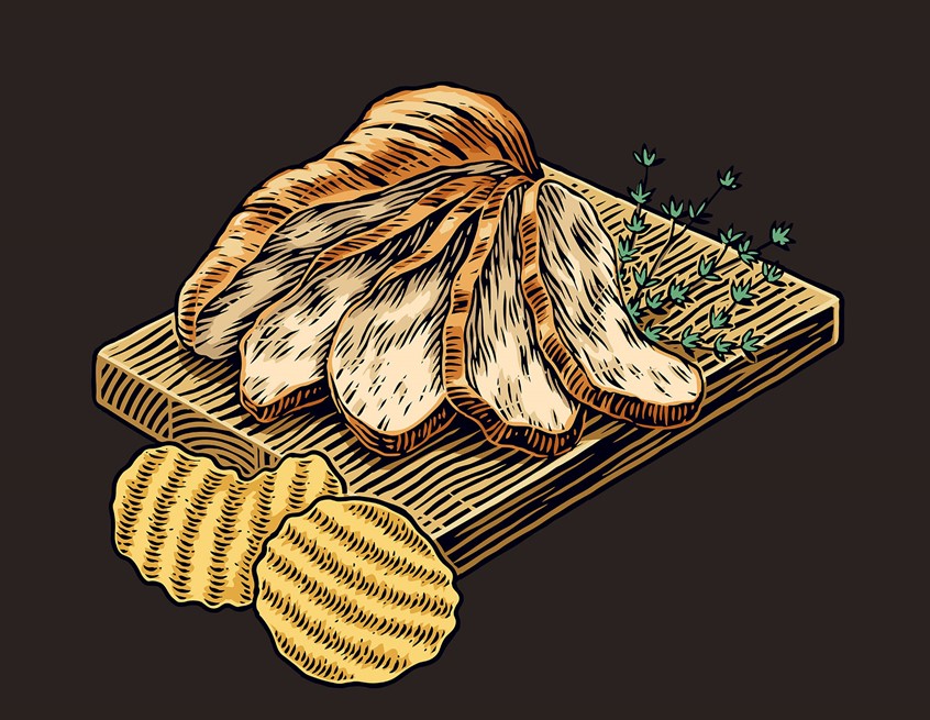 illustration of sliced chicken, chopping board, crisps, scraperboard, herbs, sliced meat, woodcut meat, scratchboard food packaging, package design