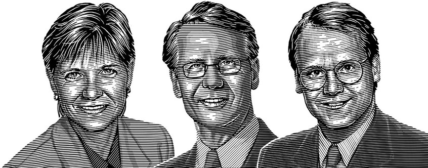 illustration of corporate portraits, faces, bank staff, bankers, banks, woodcut portraits, engraving faces, etchings, face, glasses, engraved, workforce