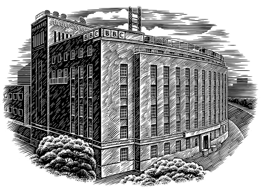 illustration of scratchboard buildings, woodcuts, engravings, cityscapes, towns, traditional, black & white, trees, editorial, Brit, office, retro, vintage, scraper board