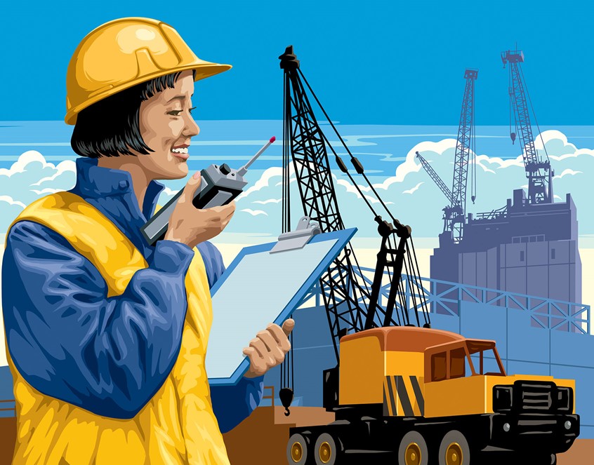illustration of recruitment, woman vector, crane, construction worker, recruitment campaign, woman, building, construction site, workforce, hard hat, woman worker, vector figure, flat design figures