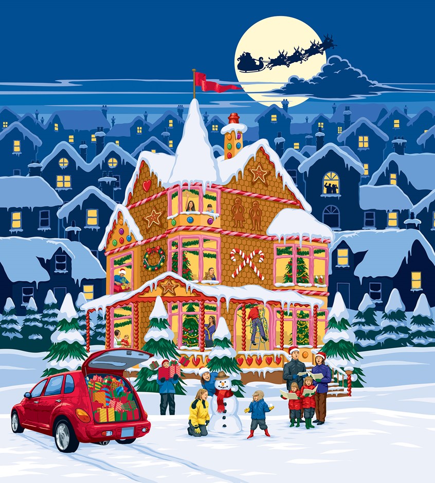 illustration of christmas, car, tailgate, snow, santa, holiday season, xmas, seasonal, carol singing, snowman, winter, snowy scene, gifts, children, kids, moon, solstice, candy