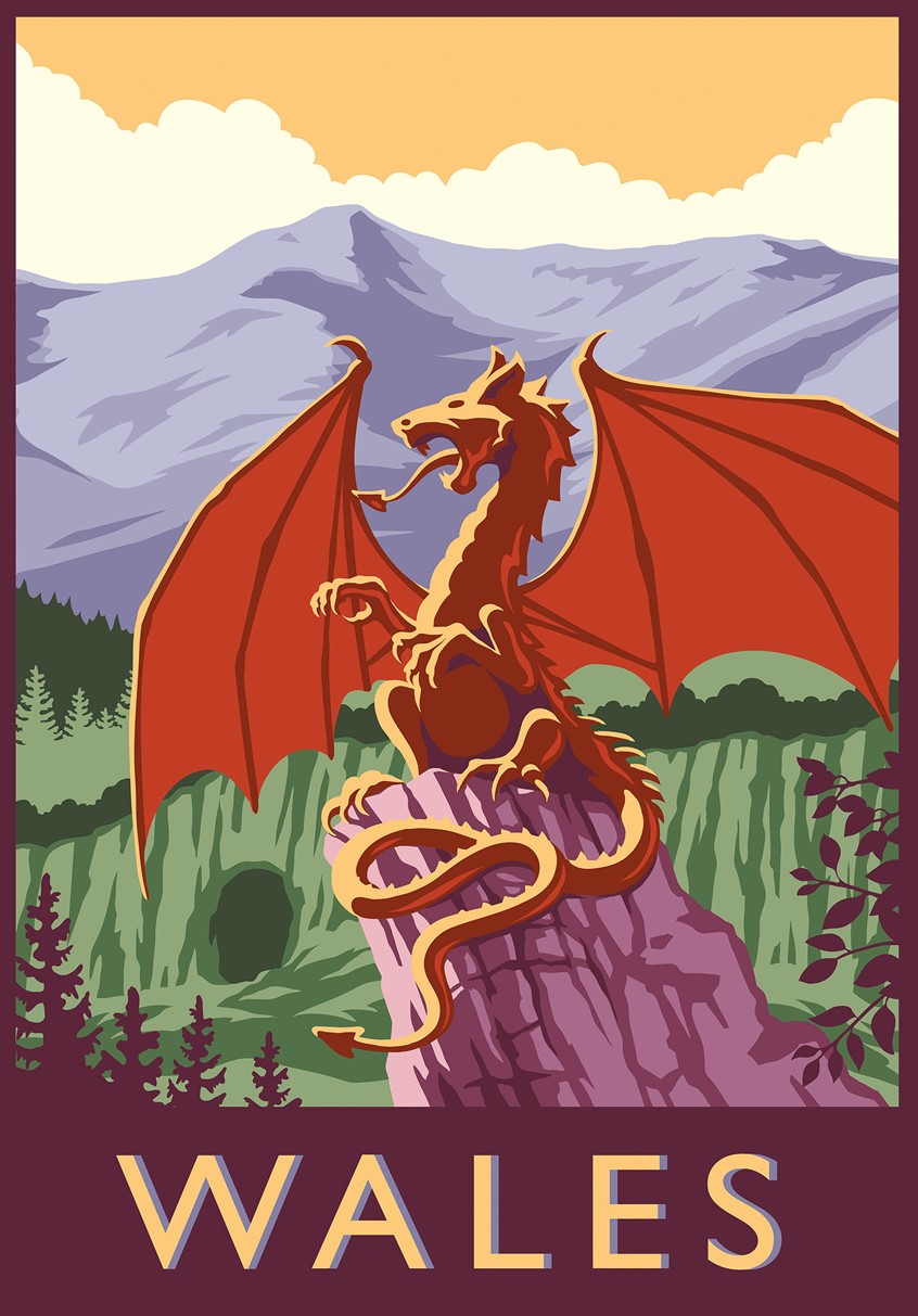illustration of dragons, travel posters, dragon, wales, vector art, myths, legend, mythology, creatures, travel art, vintage poster, hills, wings, cave, flat design