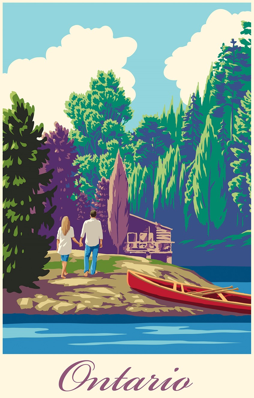 illustration of forest, vector travel, flat design, river, scene, canada, ontario, vector poster, flat colour, vintage, canoe, vacation, trees, river, wilderness, nature, couples, boats, boating, woods