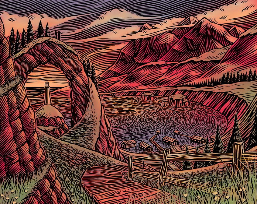illustration of coloured scratchboard, sea town, seascape, mountains, landscape engraving, cliffs, path, rocky coast, scraperboard, landscape, scenic, woodcut scenes