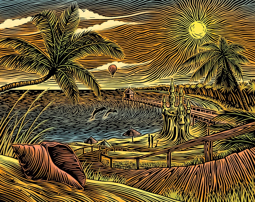 illustration of beaches, sandcastle, sunshine, dreams, colour scratchboard, fantasy landscape, palm tree, seascape, coast, seashell, landscapes, coastal, engraving landscape, dolphins