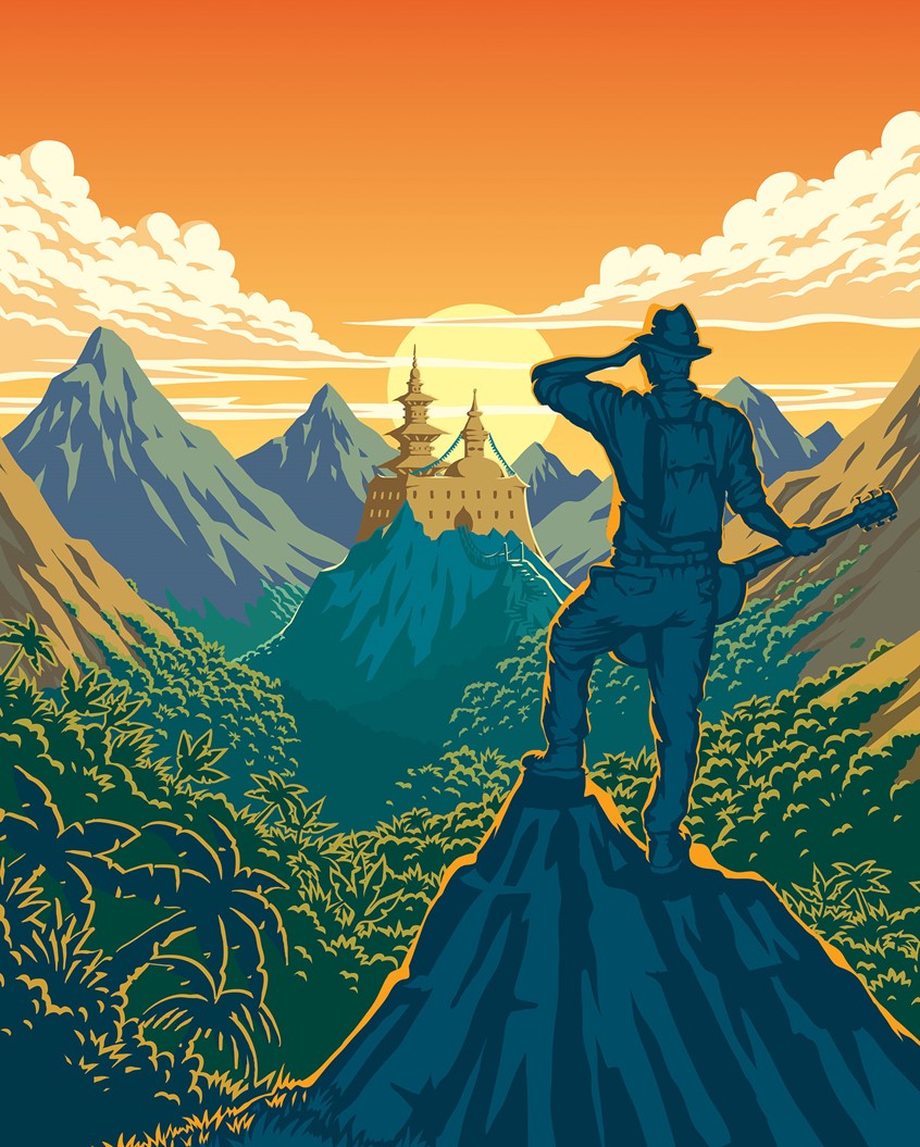 illustration of travel art, guitar, musician, vector illustration, himalayas, flat-colour, indiana jones, tibet, vector art, sunset, travelling, backpacking, adventuring, backpacker, skies, traveller