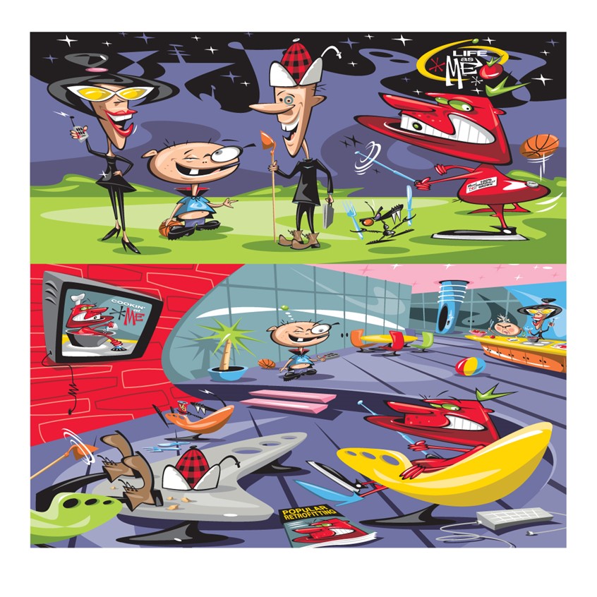 illustration of cartoon concept presented to nickelodeon network portraying a live sprouting tomato and his wacky family of vegetable farmers in a retro and futuristic environment.