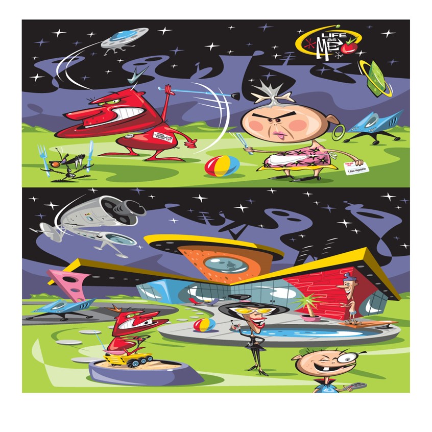 illustration of cartoon concept presented to nickelodeon network portraying a live sprouting tomato and his wacky family of vegetable farmers in a retro and futuristic environment.