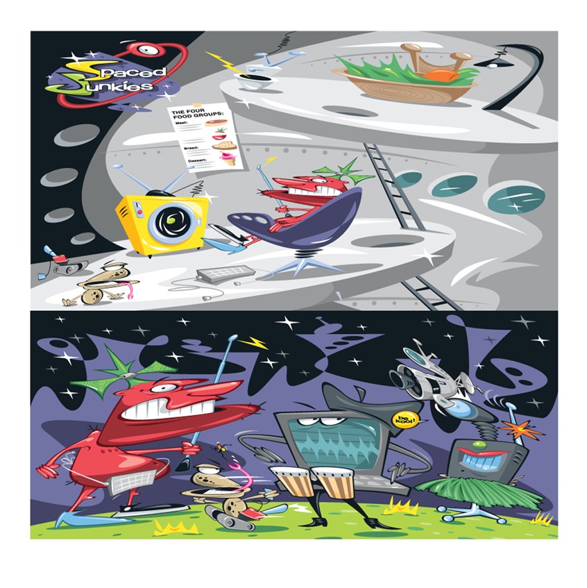 illustration of cartoon concept presented to nickelodeon network portraying a wacky bunch of space junk collectors in a retro and futuristic environment where watching the dryer spinning is the best tv around!