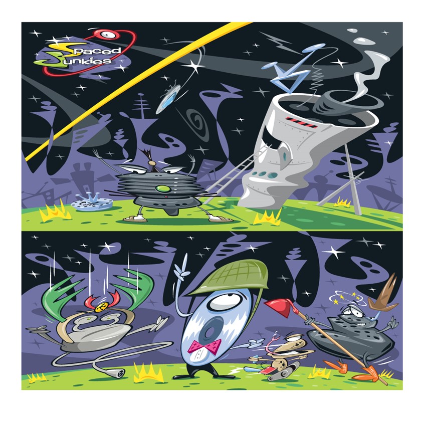 illustration of cartoon concept presented to nickelodeon network portraying a wacky bunch of space junk collectors in a retro and futuristic space environment where falling space junk is always a problem!