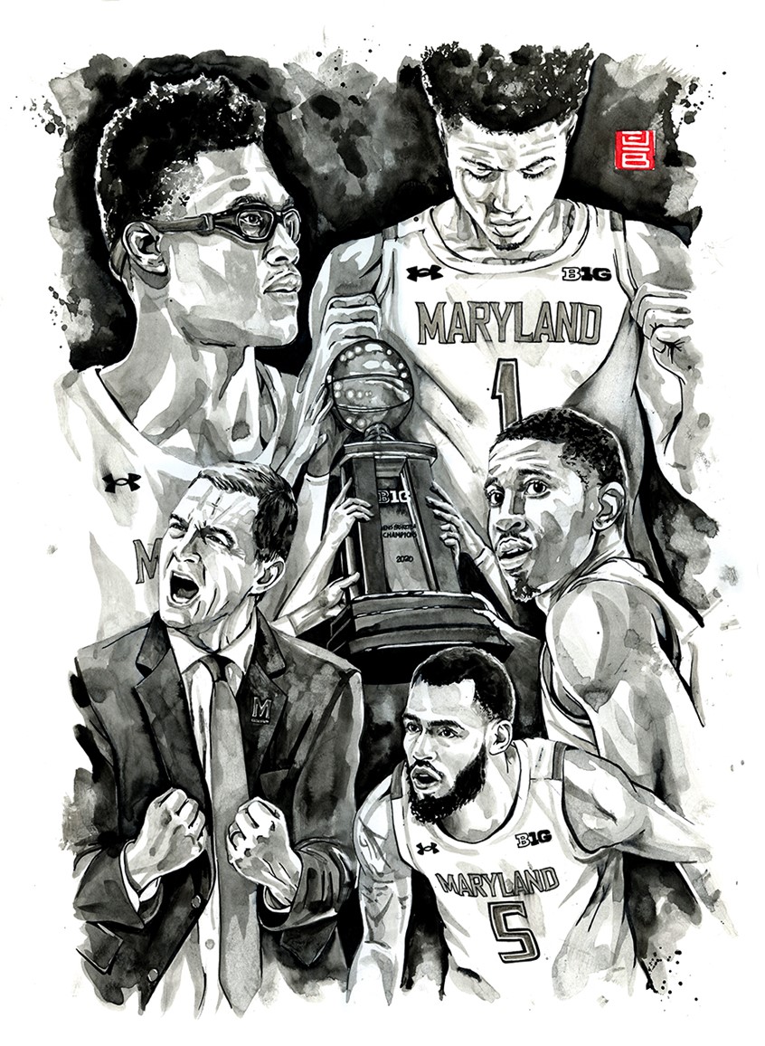 illustration of India ink illustration for used on poster commemorating the Maryland Terrapins winning the 2019-20 Big Ten regular season championship — (Jonathan Bruns, India Ink, Ink, Traditional, Sports, Basketball, Terps, BigTen)