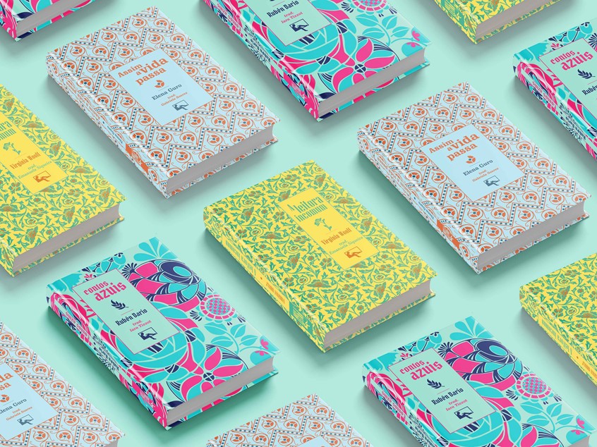 illustration of Book cover, book design and illustration for this wonderfull award winning collection. The cover was silk printed over fabric and the inside was RISO printed. All the books were handmade.
Awards: Iberoamericana Design Biennial; LAD Award; CLAP; Brazilian Design Biennial; LICC.
books, pattern design, surface design, cover art, licensing, book cover, book design, color, graphic design