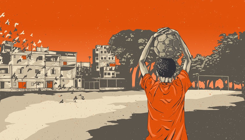 illustration of Part of a series of illustrations made for a booklet that tells the story of legendary football player Garrincha.
Editorial, books, publishing, author, entertainment, promotion, marketing, advertising, digital media, web media, football, soccer, sports, color, orange
