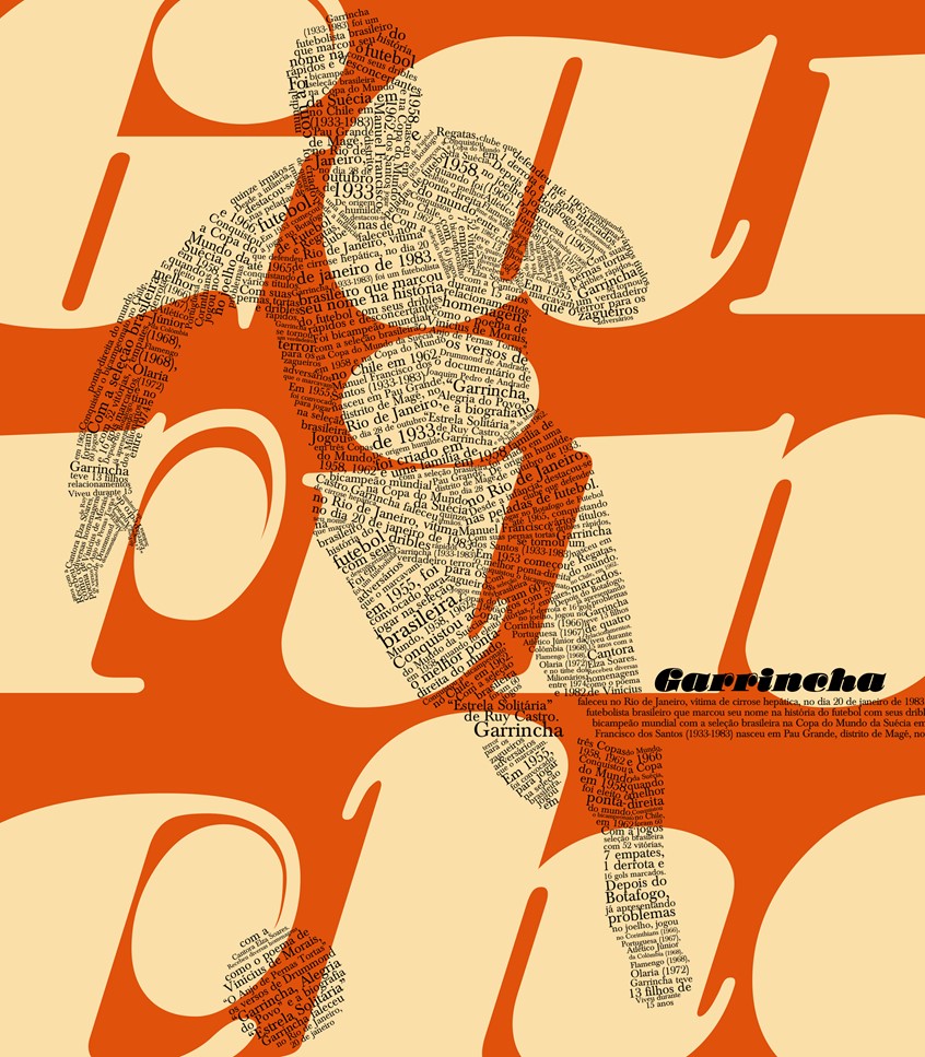 illustration of Part of a series of illustrations using typography made for a booklet that tells the story of legendary football player Garrincha.
Editorial, books, publishing, author, entertainment, promotion, marketing, advertising, digital media, web media, football, soccer, sports, color, orange