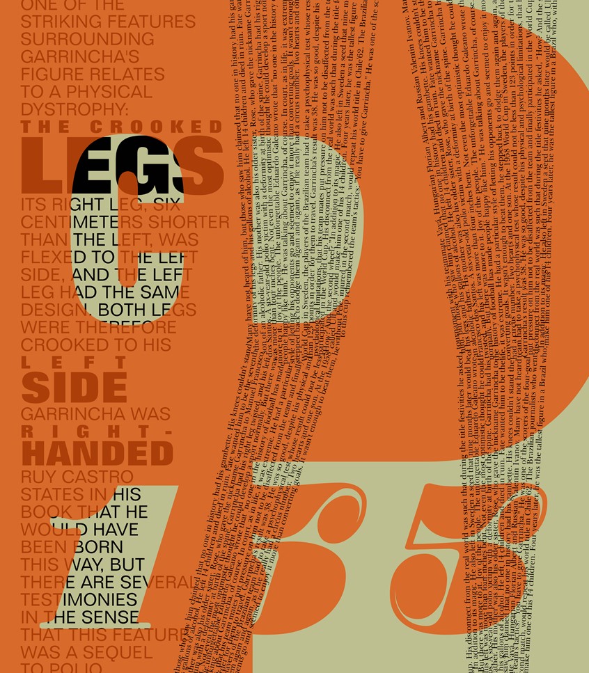 illustration of Part of a series of illustrations using typography made for a booklet that tells the story of legendary football player Garrincha.
Editorial, books, publishing, author, entertainment, promotion, marketing, advertising, digital media, web media, football, soccer, sports, color, orange