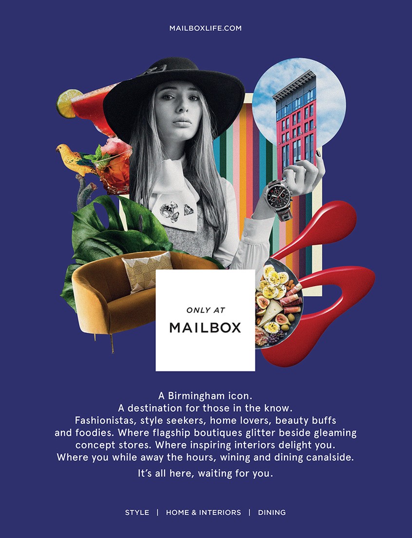 illustration of I’m incredibly happy to have been commissioned to produce for The Mailbox luxury shopping centre ad campaigns Autumn/Winter 2019.
The 48-sheet billboard is still in Mailbox (The Urban Room). Raise your heads up!!
MAILBOX CAMPAIGN © Barbara Gibson, digital collage
