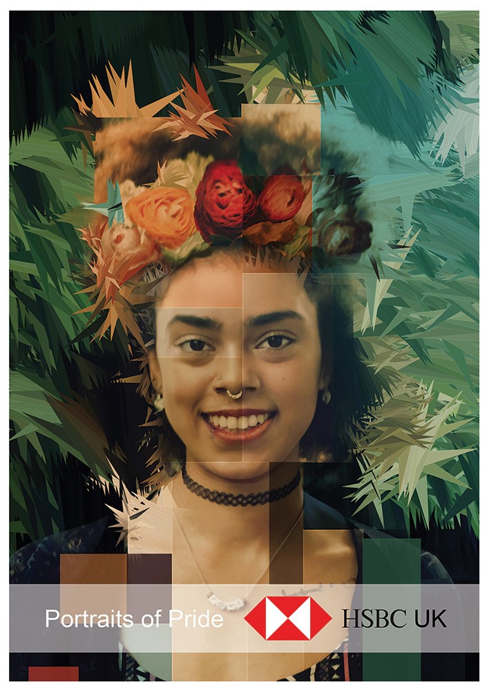 illustration of Love is also about the society we struggle to get the acceptance from so that we can at least try living the life surrounded by those we cherish, love and share happiness with.
Portraits Of Pride HSBC campaign was part of the Birmingham and London Prides. To create the artwork I was paired with a bisexual woman to learn about her life and listen to the story about her coming out. Based on an open conversation and guided by the inspiring story I created Blue’s Portrait of Pride.