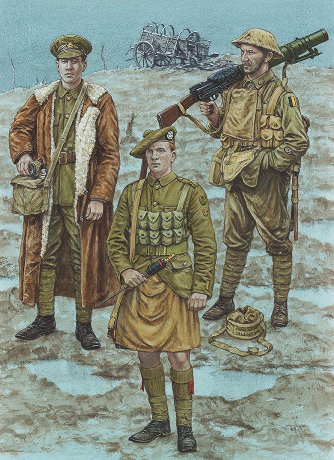 illustration of An Army Service Corps driver in his sheepskin lined coat. A private 1/10th Bn King's regiment Liverpool Scottish with rifle grenade and a Lewis gunner, 29th Bn 5th Australian Division.