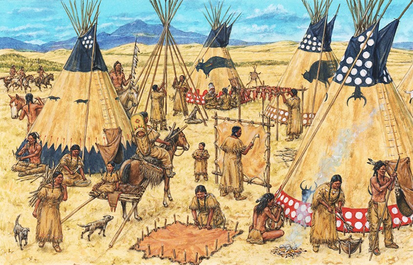 illustration of A plains camp scene with a circle of decorated tipis, a pony with travois ridden by a woman carrying a cradleboard. Another woman uses a scraper to flesh a hide, another dries meat as a warrior returns to camp on his pony.