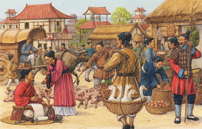 illustration of In the foreground a man carries ducks in a basket as a scribe writes down a woman's request. Pigs are driven across the path of an ox cart as people trade food and goods.