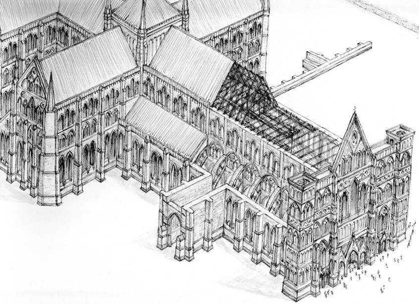 illustration of In 1252 the stonework of Salisbury Cathedral nears completion. Carpenters work on platforms to raise the roof over the nave and aisles. The West front is nearly complete.
