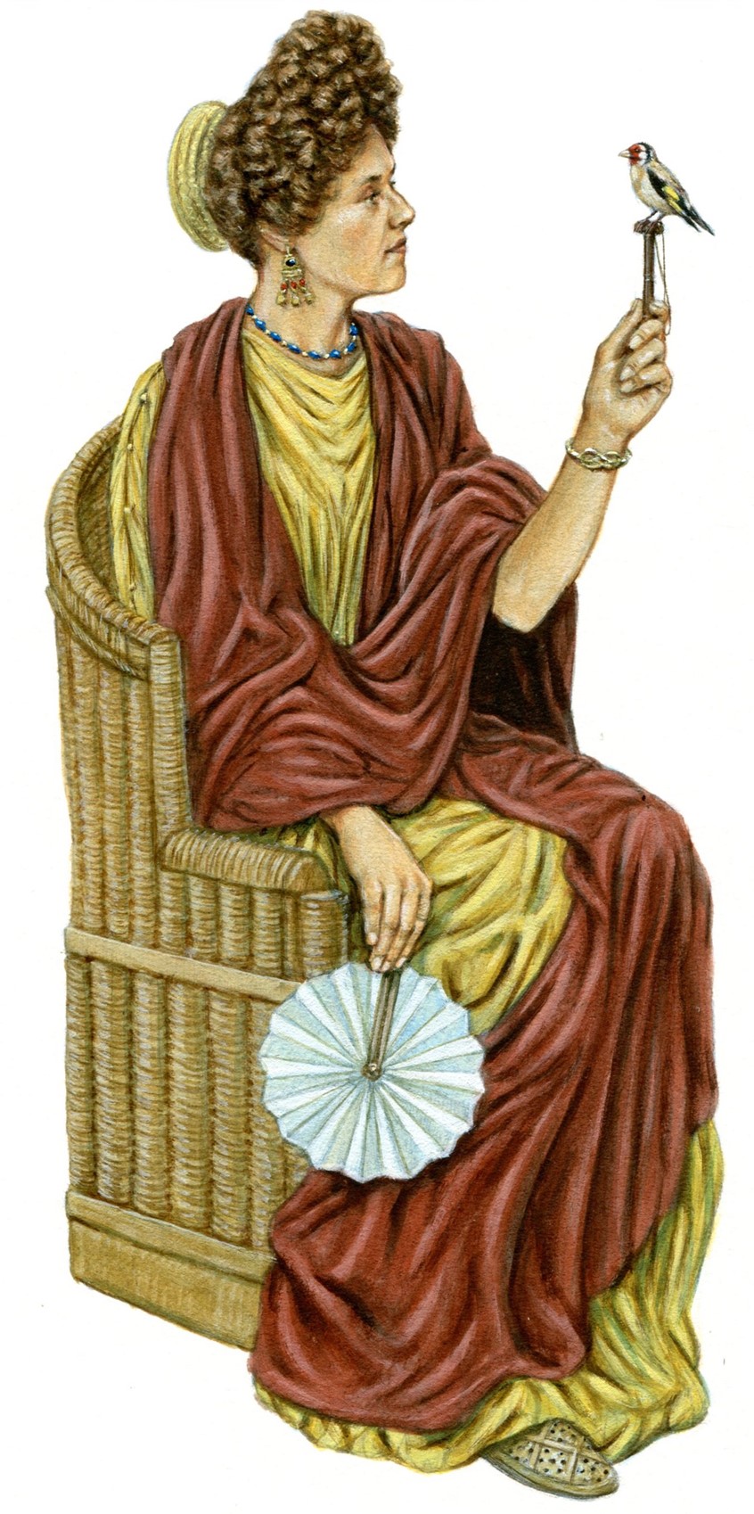 illustration of This Roman lady seated on a wicker chair looks at her pet goldfinch. She has has a distinctive hairstyle, earrings and a necklace and wears a palla or wrap over her dress.