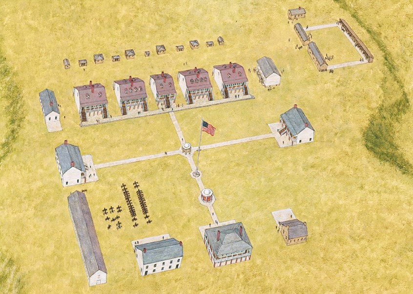 illustration of Fort Scott, Kansas was an open fort with the buildings arranged around a central parade ground. It consisted of officer's quarters, Dragoon barracks, stables, a guardhouse, blacksmith shop, quartermaster storehouse and powder magazine.