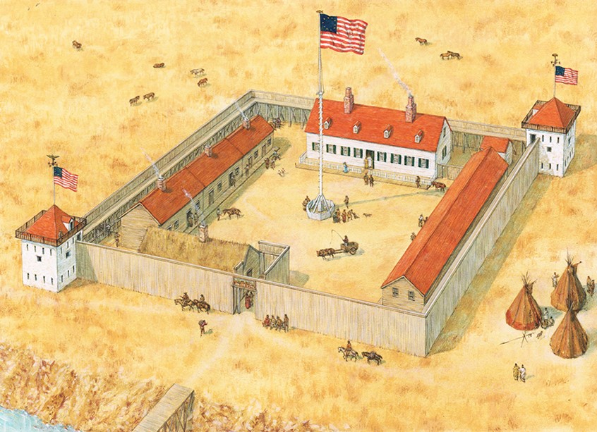 illustration of Fort Union was built on the banks of the Missouri River as a trading post in 1829. The building within protected by a cottonwood stockade, eighteen feet high, with bastion towers in two corners.