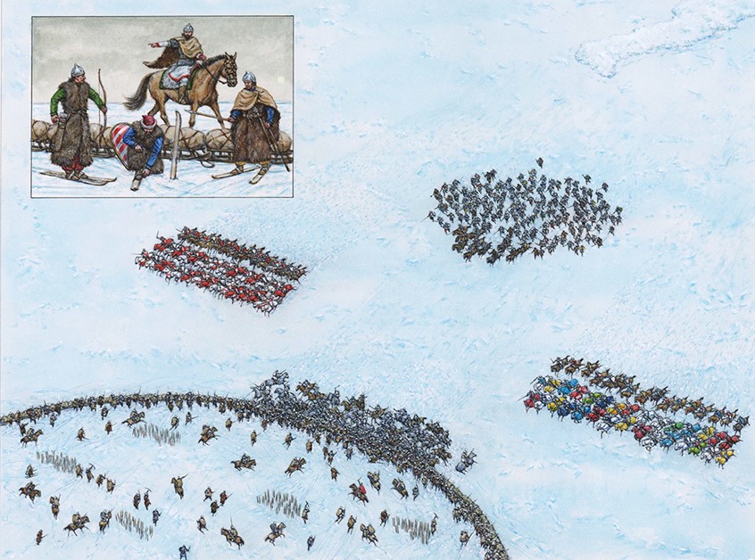 illustration of Northern Crusaders attack Lithuanian raiders behind a makeshift barricade of baggage sledges. Danish cavalry and Teutonic Knights supported by Livonian auxiliaries charge the defences. Inset shows Lithuanian troops.