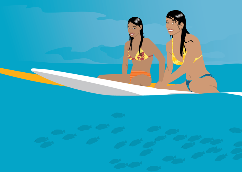 illustration of Part of an ad campaign for Hawaii Telecom. ~ Illustrator, illustration, art, design, editorial, magazine, newspaper, news, article, colour, branding, brand, graphic design, packaging, product, advertisement, ad, design, marketing, print, digital, web, social media, pastel, abstract, bright, striking, colorful, conceptual, concept, idea, poster, billboard, postcard, people, faces, cruise, ship, hotel, resort, airline, travel, tourism, women, tropical, surfing, surfboard, fish