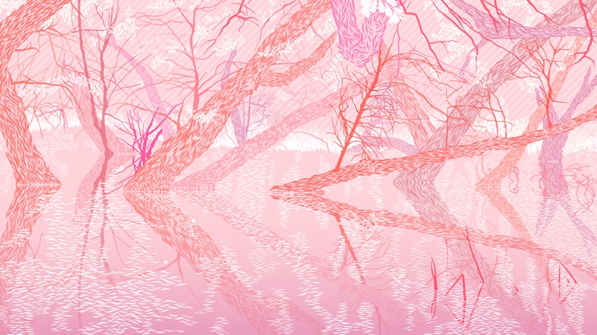 illustration of Illustrator, illustration, art, design, editorial, magazine, newspaper, news, article, color, colour, branding, brand, graphic design, book cover, packaging, product, advertising, advertisement, ad, design, marketing, campaign, print, digital, web, social media, creative, abstract, pastel, colorful, striking, conceptual, concept, idea, poster, billboard, travel, tourism, landscape, no people, botanical, plants, nature, trees, estuary, reflection, water, nature reserve, pink, adventure