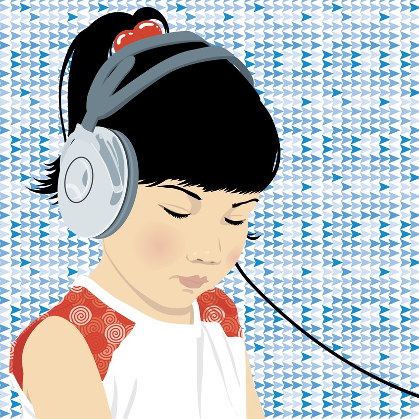 illustration of Illustrator, illustration, art, design, artwork, editorial, magazine, newspaper, news, article, colour, branding, brand, graphic, album cover, music, packaging, product, advertising, advertisement, ad, identity design, marketing, campaign, print, digital, web, social media, creative, pastel, abstract, bright, neon, striking, colourful, bold, poster, billboard, people, faces, portrait, girl, child, music, album cover, single, headphones, listening, colourful, youth, magical