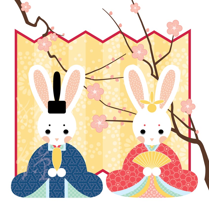 illustration of Illustrator, illustration, art, editorial, magazine, newspaper, news, article, color, branding, brand, graphic design, book cover, editorial, packaging, product, advertising, advertisement, ad, design, marketing, campaign, print, digital, web, social media, creative, striking, conceptual, concept, idea, poster, billboard, year of the rabbit, 2023, bunny, zodiac, japanese holiday, kimono, emperor, empress, dolls, travel, tourism, japan, japanese culture, celebration, tradition, doll’s festival