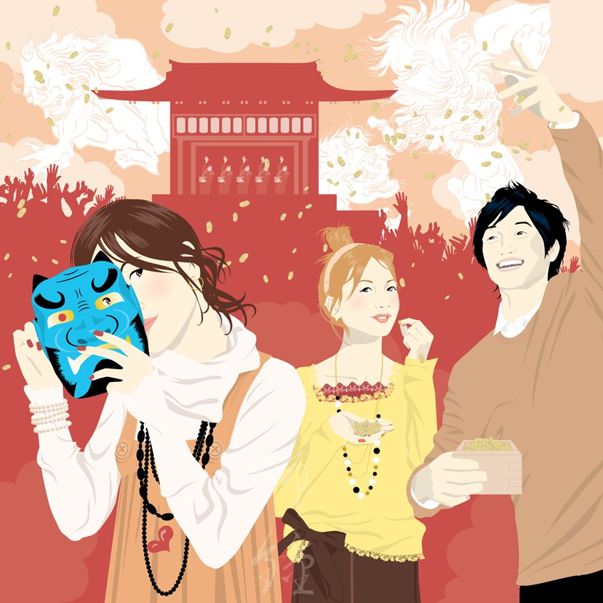 illustration of Illustrator, illustration, art, editorial, magazine, newspaper, news, article, color, color, branding, brand, graphic design, book cover, editorial, packaging, product, advertising, advertisement, ad, design, marketing, campaign, print, digital, web, social media, creative, abstract, striking, conceptual, concept, idea, poster, billboard, people, portrait, japanese holiday, travel, tourism, beans, mame, oni, japan, japanese culture, celebration, tradition, temple, setsubun