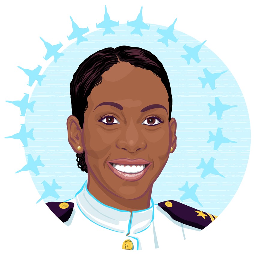 illustration of Portraits of Black women in aviation: Lt. j.g. Madeline Swegle is the first Black female fighter pilot in the US Navy. She will fly the Boeing EA-18G Growler. Illustrator, illustration, art, design, editorial, magazine, newspaper, news, article, graphic design, book cover, packaging, product, advertising, advertisement, ad, design, marketing, campaign, print, digital, web, social media, creative, striking, conceptual, concept, idea, poster, billboard, people, portrait illustration