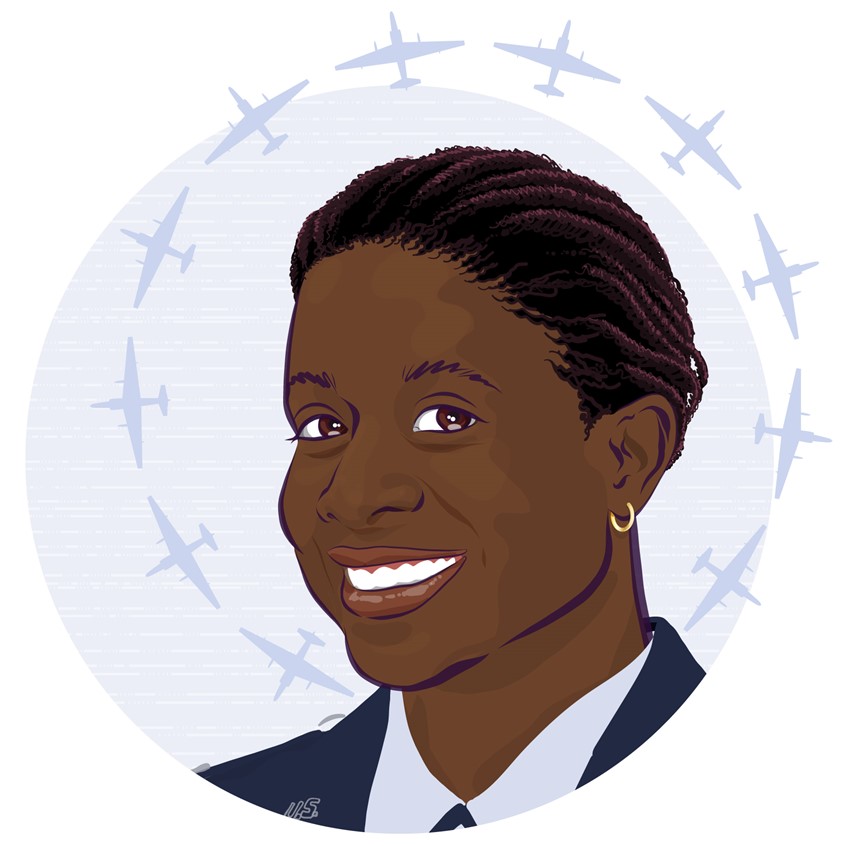 illustration of Portraits of Black women in aviation: Colonel Merryl Tengesdal is the first and only African-American woman to fly the United States Air Force's U-2S spy plane. Illustrator, illustration, art, design, editorial, magazine, newspaper, news, article, graphic design, book cover, packaging, product, advertising, advertisement, ad, design, marketing, campaign, print, digital, web, social media, creative, striking, conceptual, concept, idea, poster, billboard, people, portrait illustration